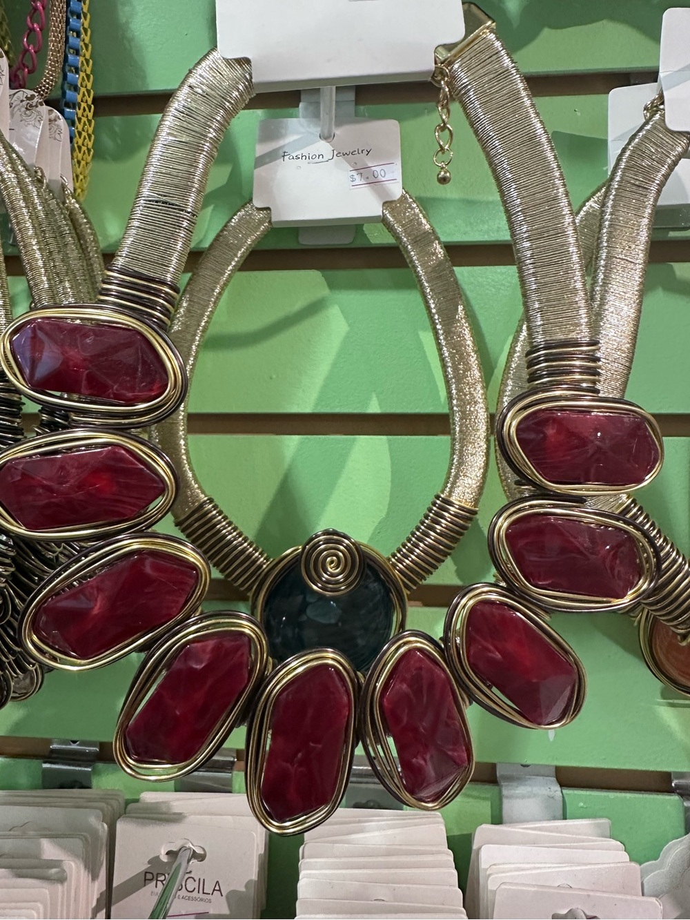 Gold Statement Necklace with Burgundy Gem Accents